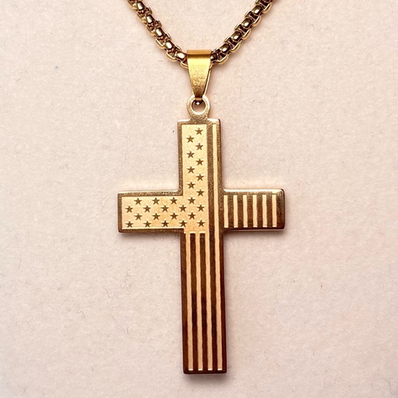 Other - Gold Cross With American Flag Necklace